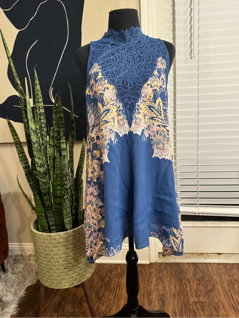 Sleeveless Blue Crochet-Yoke Floral Tunic